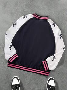 SHEIN Explorewe 1 件女童运动拼色棒球夹克，常规厚度，休闲，秋季 - 黑色 - 查看 2