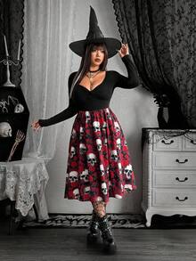 Whyspr Grunge Punk Halloween Große Größen Damen Sexy Figurbetonte Lässig Vielseitige Asymmetrische A-Linie Spitze Mesh Patchwork Muster Langarm Kleid, Punk Stil geeignet für Rückkehr zur Schule, Halloween, Herbstmode für Frauen - Verschiedenfarbig - Übersicht 4