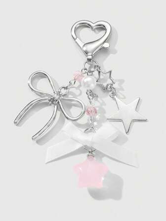 Kawaii 1 pezzo Stile Ins Ciondolo portachiavi elegante e carino per ragazze, in catena d'argento di alta qualità, con fiocco in nastro rosa, perle finte e stella in acrilico, adatto per donne e ragazze, per uso quotidiano e regalo per San Valentino