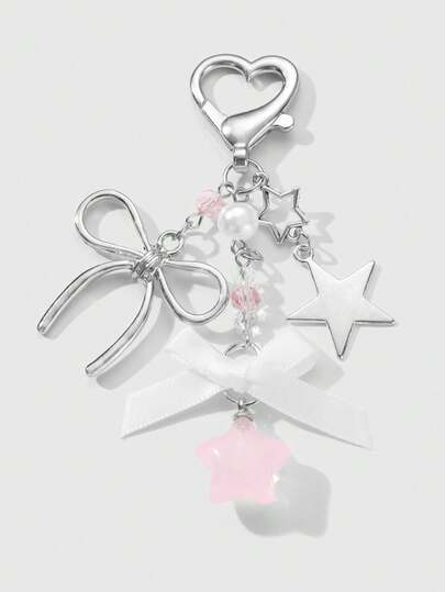 Kawaii 1pc Ins Style Cute Girl's Elegant High-Quality Silver Chain Faux Pearl Pink Ribbon Acrylic Bowknot Star Keychain, Suitable For Women And Girls, Daily Wear And Festival Gift Valentines