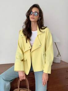 Elyressa Women's Zipper Design French Casual Daily Commute Fashion Elegant Street Vintage Versatile Holiday Business Pale Yellow Autumn/Winter Long Sleeve Motorcycle Jacket