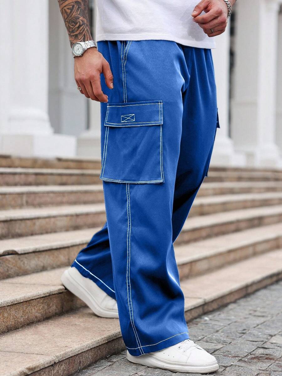 Manfinity Homme Outdoor Casual Loose Pocket Men Plus Size Pants, For Fall - Royal Blue - View 1