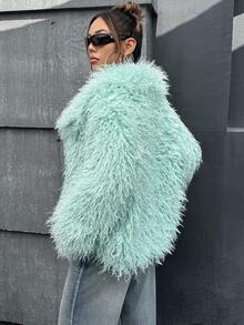 SHEIN ICON 冬季女式万圣节外出蓝绿色泰迪纯色超大翻领长袖宽松前开仿皮草外套 - 薄荷綠 - 查看 2