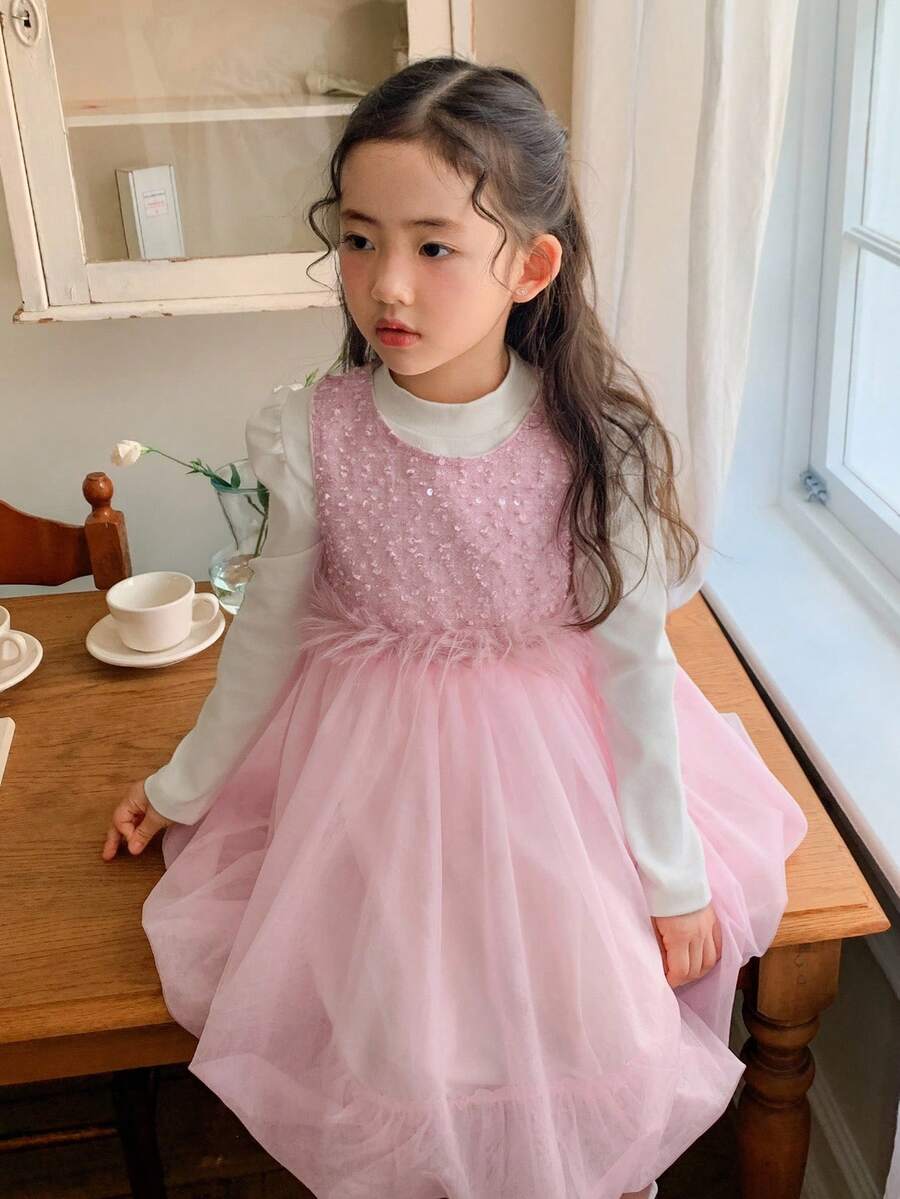DAZY Váy lưới cổ tròn cho bé gái - Hồng - Xem 1