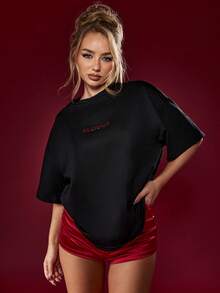 Missguided x Playboy Cotton Oversized Black T-Shirt With Red Diamante Bunny Logo Casual Streetwear Top For Festival Holiday Party - Black - View 3