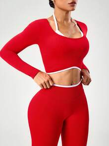 Seamluxe SHEIN Sport Camiseta Esportiva Vermelha Sem Costura Feminina, 2 em 1 de Manga Longa, Adequada para Fitness, Yoga e Uso Diário