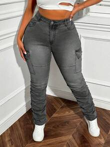 Slaydiva Spring Plus Size Women Cargo Pocket Ruched Stretch Jeans - Grey - View 3
