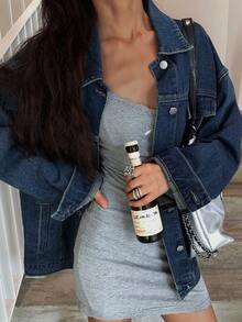 DAZY Women's Solid Color Front Button Long Sleeve Denim Jacket Petite - Blue - View 5