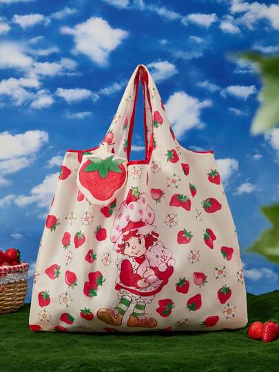 Strawberry Shortcake X SHEIN Bolsa de compras plegable reutilizable con estampado de fresa RPET, y linda bolsa de fresa, ideas de regalo, verano/primavera, vacaciones
