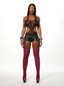 SUMWON WOMEN Halloween-body med nätpanel och utskuren design, metallringar, festival, klubb, goth, alternativ, punk, utekväll, fest, rave-body - Svart - Visa 5