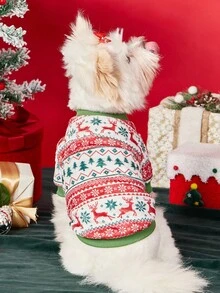 PETSIN 1 件宠物圣诞猫狗通用圣诞树麋鹿雪花费尔岛图案印花毛绒玩具，温暖舒适，适合狗狗圣诞节 - 彩色 - 查看 3