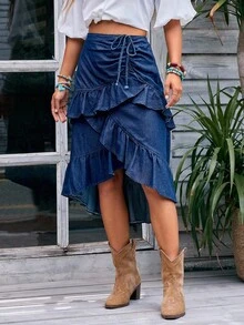 EMERY ROSE Chân váy denim thường ngày xếp nếp chắp vá nhiều lớp có dây rút cho nữ - Rửa tối - Xem 4