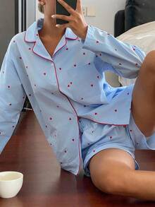 DAZY Damen Pyjama-Set mit durchgehendem Herz-Muster und Kontrastnaht, Herbst-Winter Kleidung