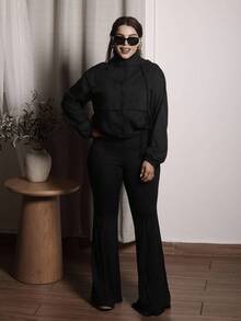 Lupita Cardoza 1 件纯色前拉链长袖休闲连帽防晒轻便夹克 - 黑色 - 查看 5