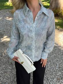 Jeta Ari Women's Dusty Blue Woven Fabric Long Sleeve Collared Sheer Blouse Casual Floral Button-Down Top - Dusty Blue - View 3