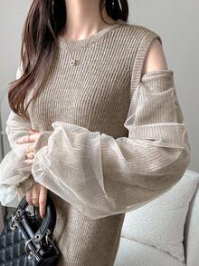 FRIFUL 女式圆领罗纹袖网眼拼布直筒针织毛衣裙，肩部镂空装饰，保暖内衬，甜美 - 杏色 - 查看 6