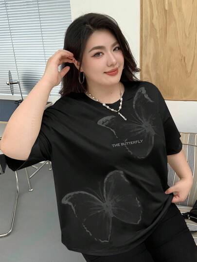 Dazy Plus 蝴蝶印花图案宽松圆领短袖T恤，春夏