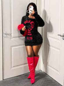 BamGleam كنزة صوفية نسائية كاجوال طويلة الأكمام بكتف مائل، لون أسود مع نمط تحية، لون أحمر فاخر مع نمط حرفي، طراز شارع جذاب وعتيق وكاجوال محبوك