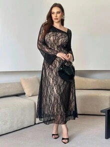 Modelyn 优雅大码女式蕾丝束腰连衣裙 - 黑色 - 查看 3