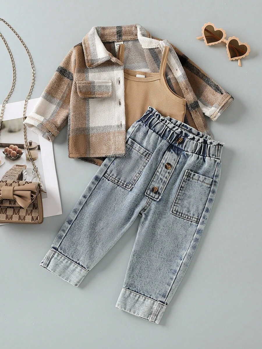 SHEIN 3pcs/Set Fashionable Girls Plaid Shacket + Knit Camisole + Washed Straight Jeans Outfit, Autumn Fall Winter Toddler Girls Cute Vintage Modest Style - Khaki - View 1