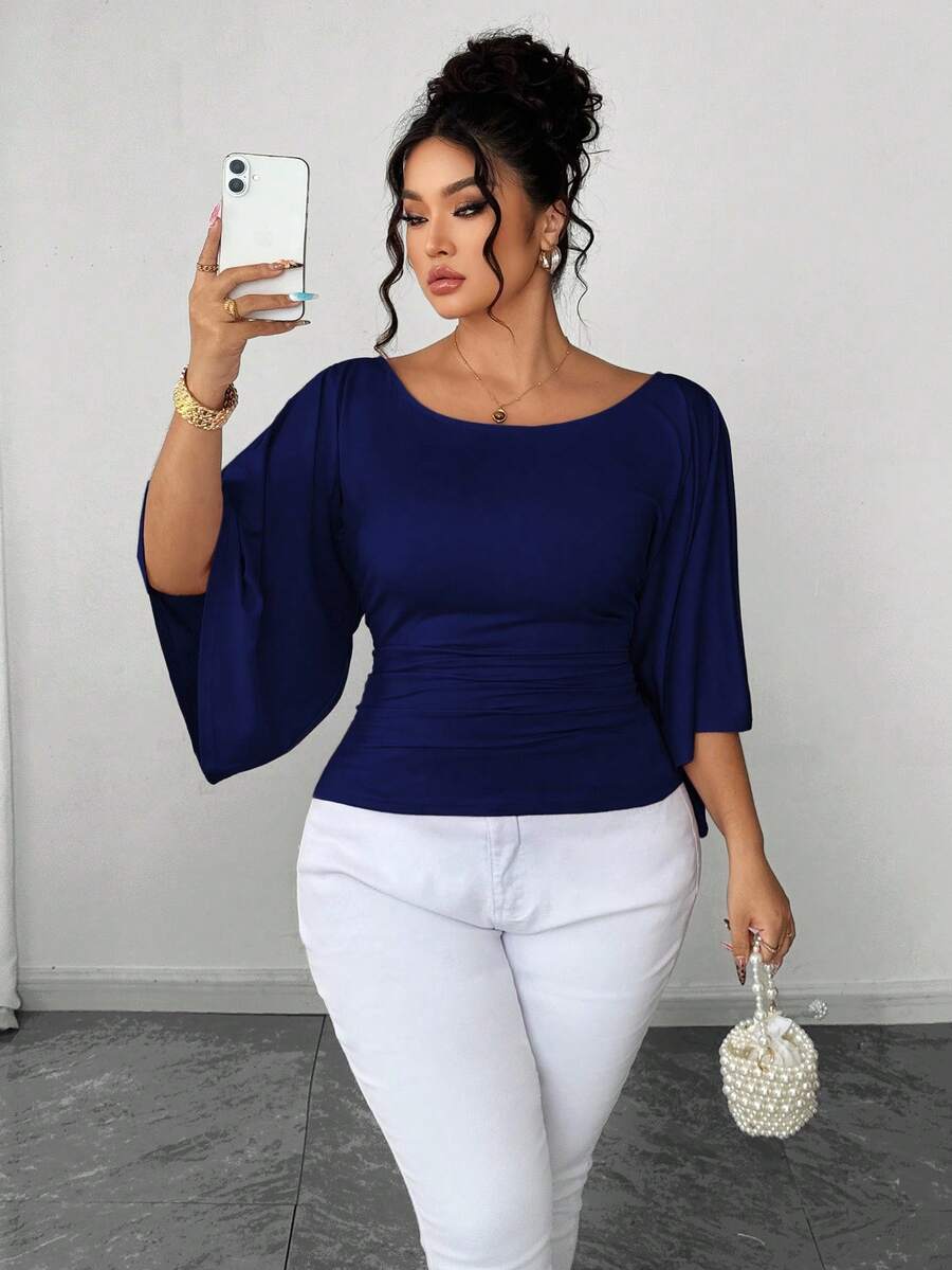 SHEIN Elenzya Plus Size Women's Knitted High Stretch Bell Sleeve Round Neck Solid Color Elegant T-Shirt - Navy Blue - View 1