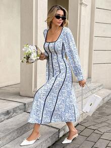 SHEIN Frenchy Women's White And Blue Floral Square Neck Long Sleeve Trim Elegant Dress,Autumn Winter New Year For Party,Wedding,Graduation,Date,Casual - Multicolor - View 5