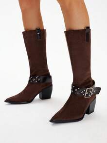 Styleloop Women's Casual Fashion Sexy Chunky Heel Pointed Toe Western Boots, Core - Brown - View 6