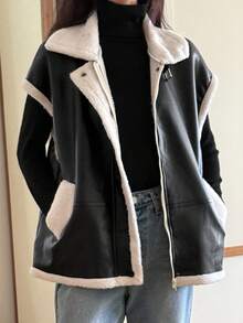 DAZY 女士时尚PU毛内衬常规夹克秋冬保暖外套 - 黑色 - 查看 7