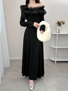 FRIFUL Đầm dài tay màu đen trơn dành cho nữ, kiểu dáng ôm sát, hở vai, xếp ly, bèo nhún, thích hợp cho mùa thu hè. - màu đen - Xem 3