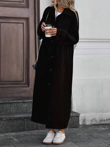 EMERY ROSE Women's Fashionable Long Button-Up Trench Coat, Elegant And Suitable For Commuting, Autumn/Winter - Black - View 3