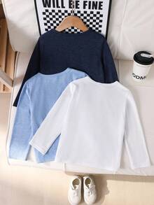 SHEIN 3pcs Young Boy Kids Casual Comfortable Style Textured Fabric Wood Grain Button Detail Round Neck Long Sleeve T-Shirt, 3 Pieces Set In 3 Colors, Suitable For Home, Leisure, Outings, And Play Clothes - Multicolor - View 2