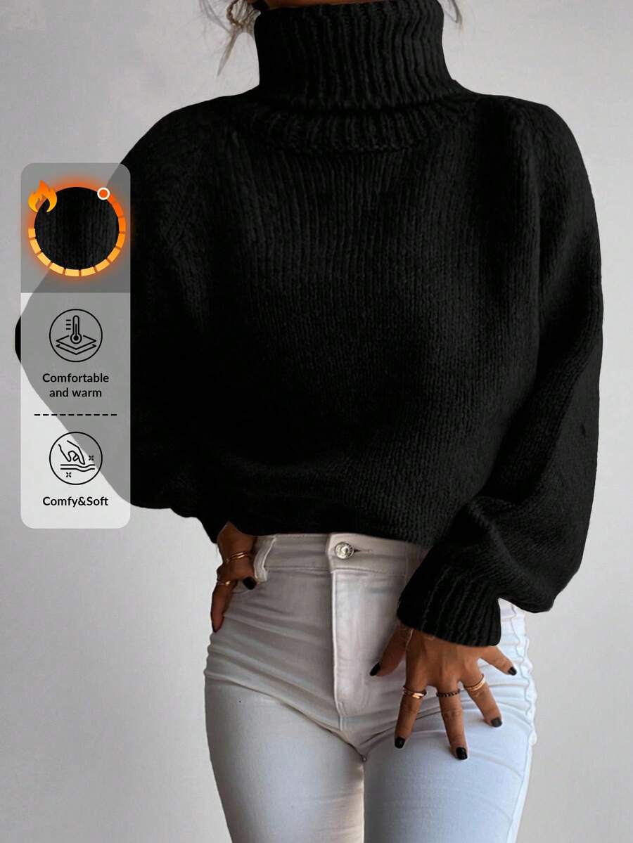RueChic Turtleneck Raglan Sleeve Sweater - Black - View 1