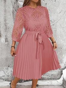 Cravure Plus Size Women's Spring/Summer Solid Color Contrast Lace Round Neck 3/4 Sleeve Pleated Hem Elegant Dress Wedding - Dusty Pink - View 5
