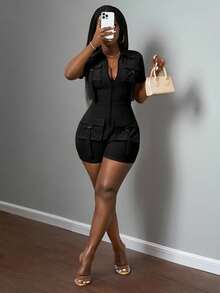 Slaydiva 2025 Spring And Summer New Casual Street Front Zipper Work Pocket Short Sleeve Mini Cropped Women Jumpsuit, Khaki,Suitable For Music Festivals, Easter, St. Patrick's Day, Daily Outings, Parties, Graduation Season, Sports And Leisure-B Black Romper Women Black Romper - Black - View 7