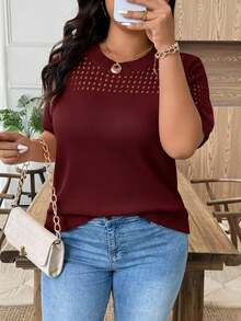 EMERY ROSE Áo cánh tay ngắn cổ tròn khoét rỗng cỡ lớn thường ngày - Màu Đỏ Sâu - Xem 3