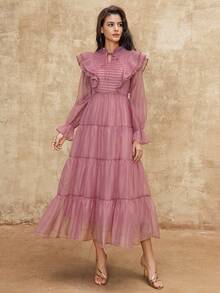 Lumalex VITNOS 新款优雅甜美浪漫荷叶边系带灯笼袖腰部收腰派对奢华高端层叠荷叶边下摆连衣裙，女士秋冬