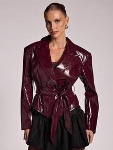 SHEIN BAE Women's Solid Color PU Leather Long Sleeve Belted Fashion Jacket, Autumn,Winter ,Women's Winter Jacket ,Burgundy Jacket,Elegant Jacket For Women Leather Jacket For Women,Red Leather Jacket,Fall