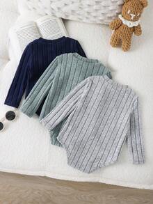 SHEIN LMoss Kids 3件套新生儿男女宝宝罗纹针织柔软连体衣，黑/白/卡其色可选，舒适百搭休闲连体衣，适合日常穿着，四季皆宜，秋冬季均可穿着。 - 藏蓝色 - 查看 2