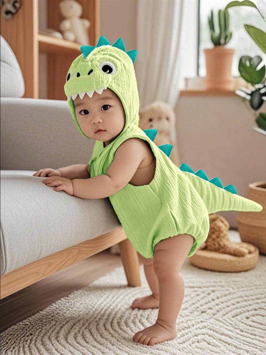 SHEIN 2pcs Baby Boys' Summer Green Cotton Soft Crepe Dinosaur Romper And Dinosaur Hat Set, Cute Style - Green - View 1
