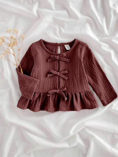 SHEIN Vintaside Kids 女婴休闲纯绿色蝴蝶结装饰长袖上衣，秋季