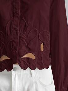 Ontre 2025秋冬女款安卡拉红色镂空刺绣下摆短款长袖衬衫，现代优雅都市商务休闲办公装，约会之夜，派对，婚礼宾客，生日，万圣节，圣诞节，波西米亚海滩度假风，棕色上衣 - 棕色 - 查看 4