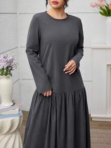 Al Najma Women's Fashion Casual Commuter Youthful Daily Ruffle Pleated Flare Sleeve Loose Arabic Style Dress Modest Long Dress Casual Long Dress - Grey - View 6