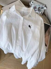 Resyla Neue Mode Loose Lässig Pferd Stickerei Einfache Textur Leichte Jacke Hemd für Frauen - Weiss - Übersicht 5