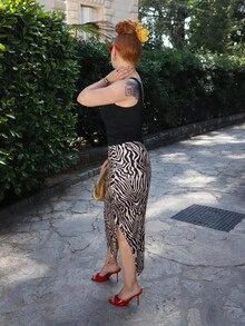 Gretanique Women Music Festival Outfits Zebra Print Side Drawstring Slit Hem Skirt - Khaki - View 5