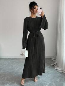 Selianne Robe midi élégante pour femme de taille standard avec manches évasées, design de ceinture plissée à la taille - Noir - Voir 3