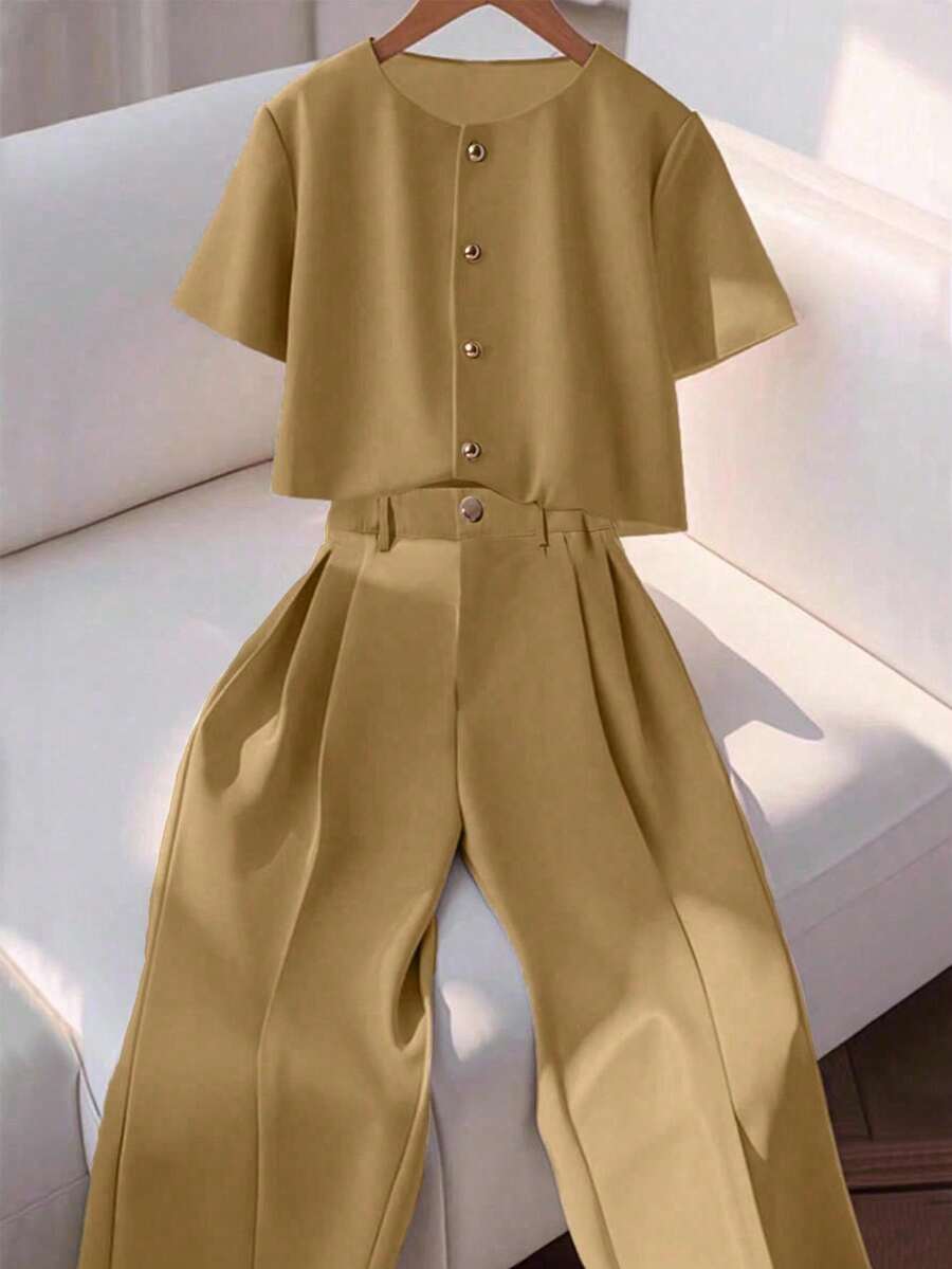 Franclia Bộ 2 áo sơ mi tay ngắn cổ tròn thanh lịch thời trang nữ & quần âu - Màu Khaki - Xem 1