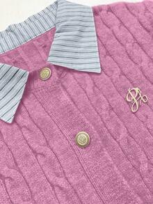 Zielony Fashionable Blogger-Inspired 2 In 1 Patchwork Knit Cropped Cardigan, European And American Style Pastel Retro Preppy 90s Aesthetic Cardigan - Pink - View 5