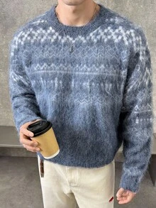 SWAVVY 男士几何图案圆领宽松羊毛衫，适合秋冬季节和圣诞节穿着。 - 灰色 - 查看 2