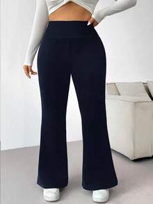 SHEIN EZwear Quần ống loe lưng thun co giãn màu trơn cỡ lớn có lớp lót giữ nhiệt dành cho nữ, thường ngày cho mùa thu/đông - Màu xanh hải quân - Xem 6