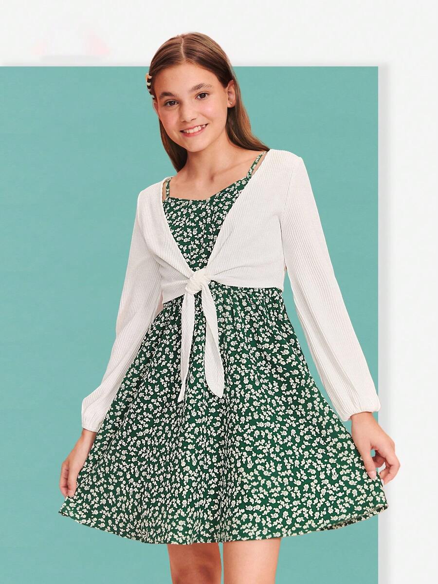 SHEIN Bộ áo khoác cardigan tay dài dệt kim trơn đơn giản dành cho bé gái tuổi mới lớn và váy yếm họa tiết hoa nhỏ xinh - Nhiều màu - Xem 1